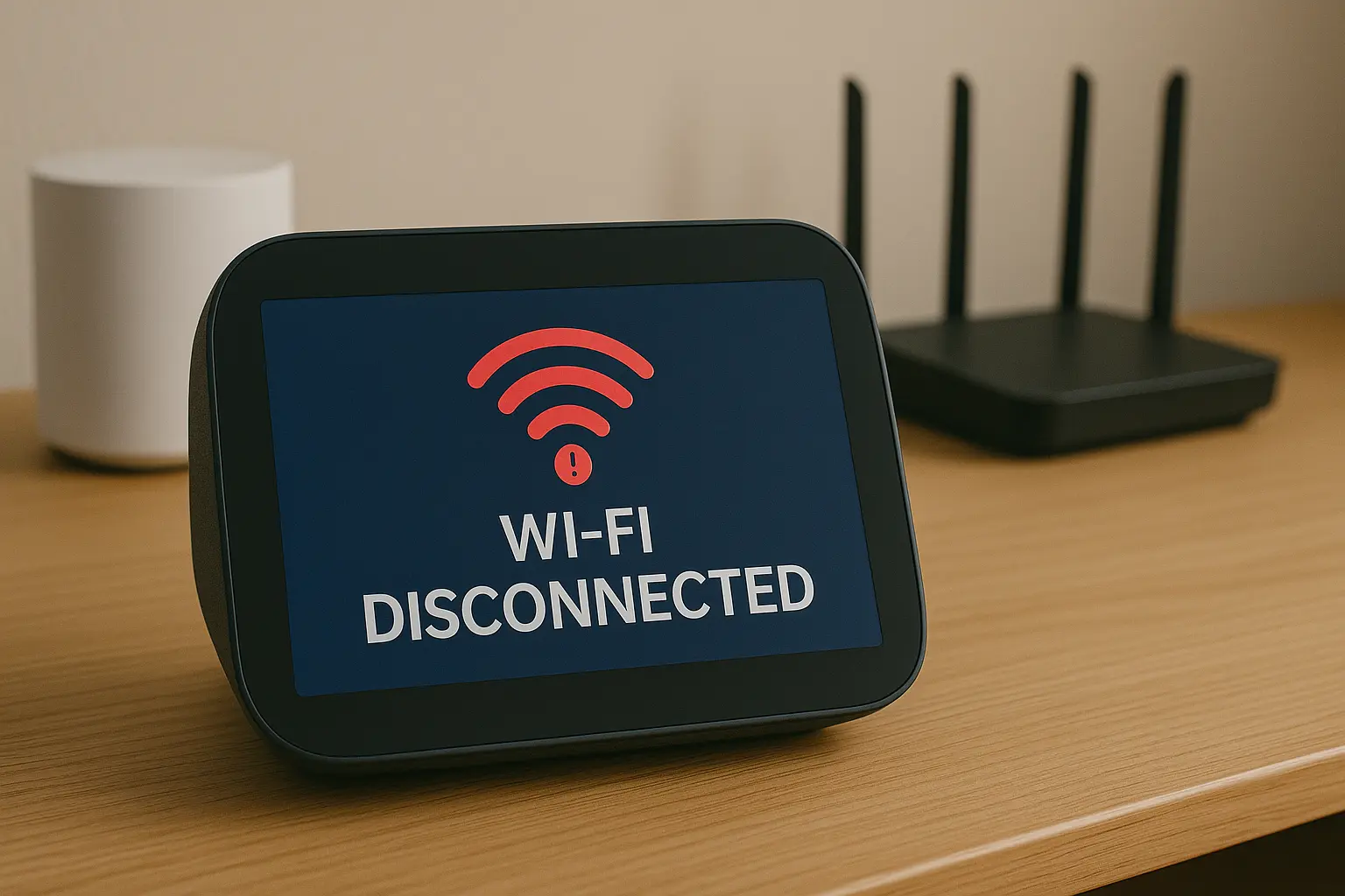 Amazon Echo Show smart display showing a red Wi-Fi disconnected error screen with a router in the background