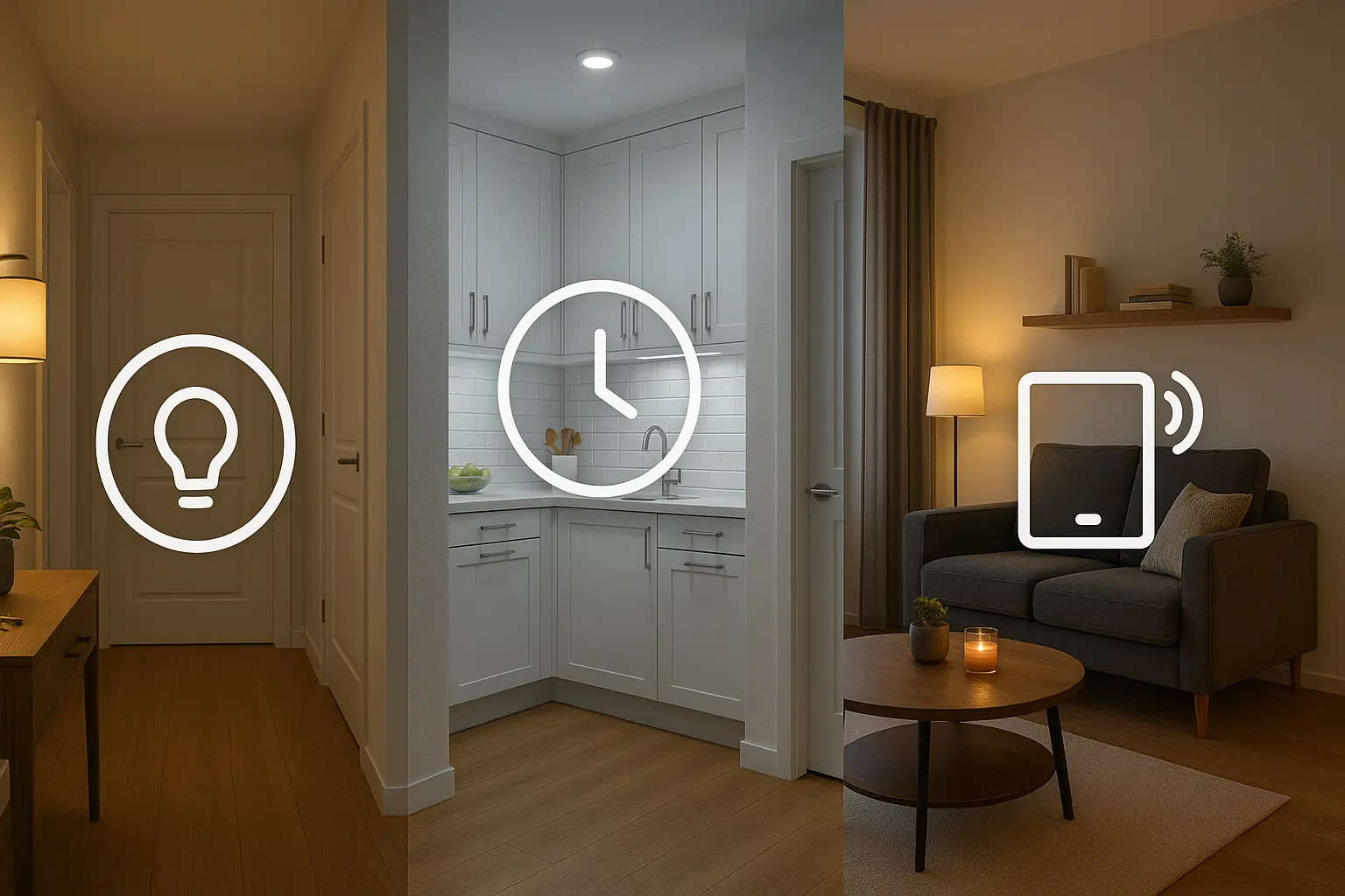 Collage illustrating smart home routines with icons for automated hallway lighting, kitchen timers, and smartphone controls
