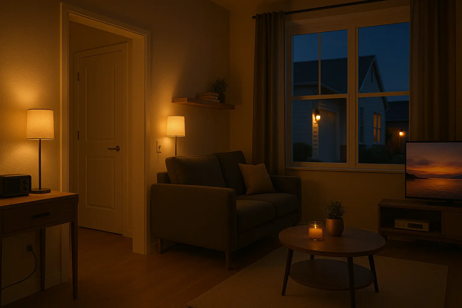 Smart home vacation mode setting with automated living room lamp and TV turned on to make the house look occupied