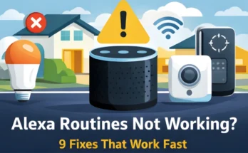 Smart home illustration showing an Alexa Echo device with warning icon, disconnected smart bulb, motion sensor, and Wi-Fi issue indicating Alexa routines not working