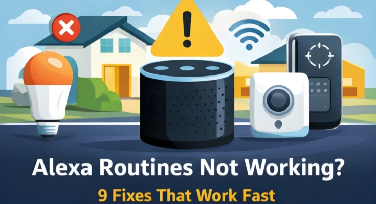 Smart home illustration showing an Alexa Echo device with warning icon, disconnected smart bulb, motion sensor, and Wi-Fi issue indicating Alexa routines not working