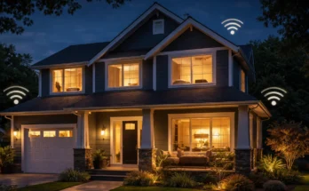 Smart home at night with lights turning on in different rooms using Alexa vacation mode to simulate presence and improve home security