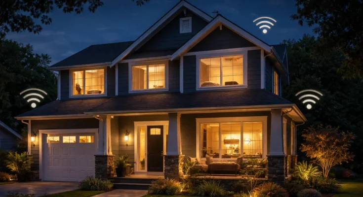 Smart home at night with lights turning on in different rooms using Alexa vacation mode to simulate presence and improve home security
