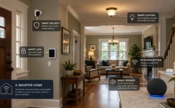 how to make an old house smart with technology including smart speaker, Wi-Fi mesh system, smart lighting, and security devices