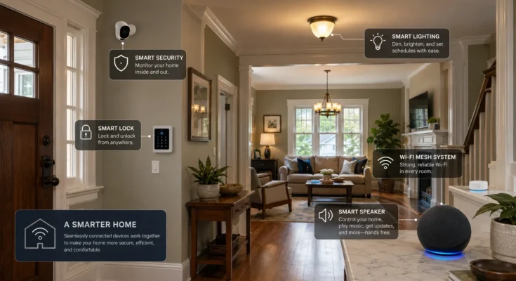 how to make an old house smart with technology including smart speaker, Wi-Fi mesh system, smart lighting, and security devices