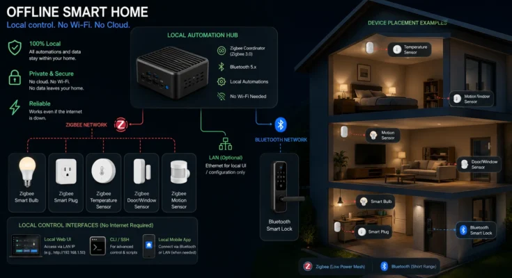 Smart Home Devices That Work Without Wi-Fi setup with Zigbee devices, Bluetooth smart lock, sensors, and local automation hub without Wi-Fi dependence