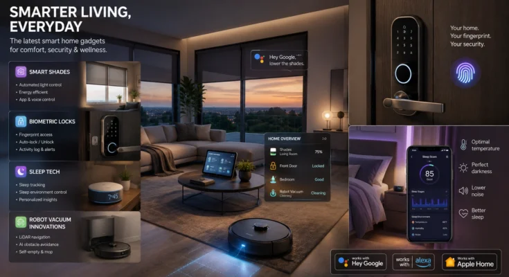 Latest smart home news gadgets including smart shades, biometric locks, sleep tech, and robot vacuum innovations